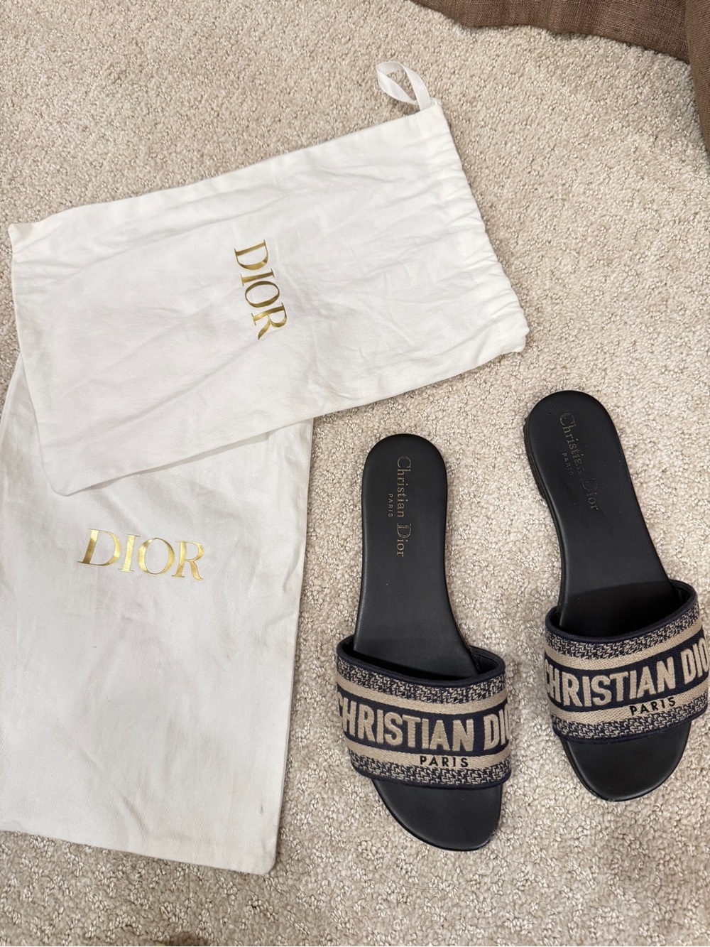 Dior Deep Blue & Beige Embroidered Logo Slide Sandals - Picture 8 of 10